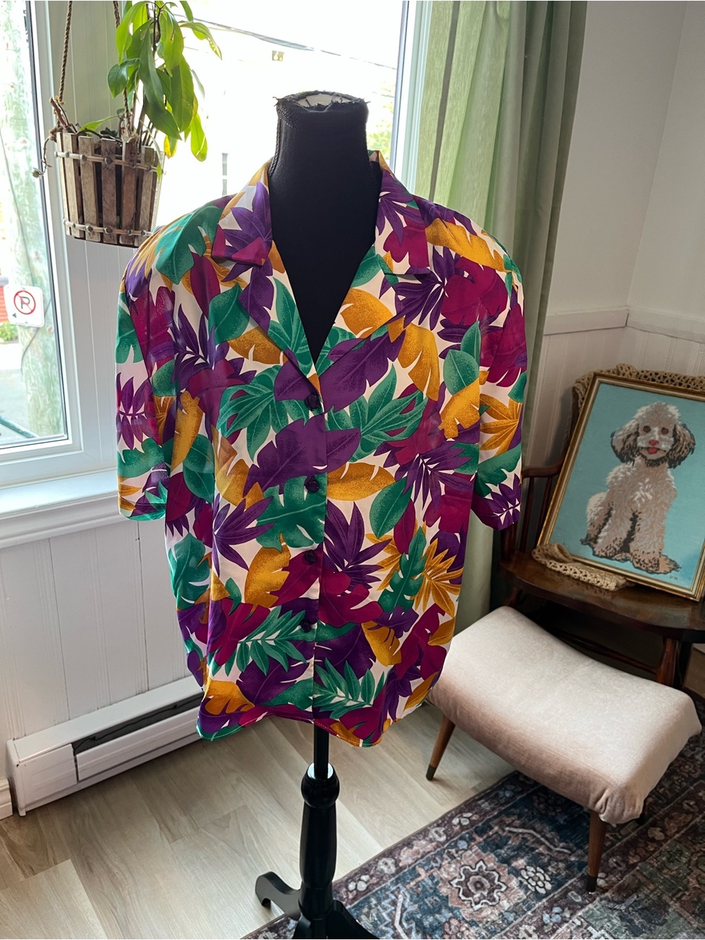 Women’s Vintage Tropical Short-Sleeve Shirt - Purple Green Gold Leaf Print XL